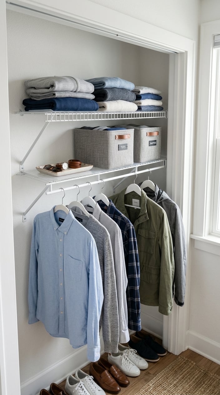 A closet shelf with folded clothes and storage bins above a hanging rod with shirts and jackets on hangers.
