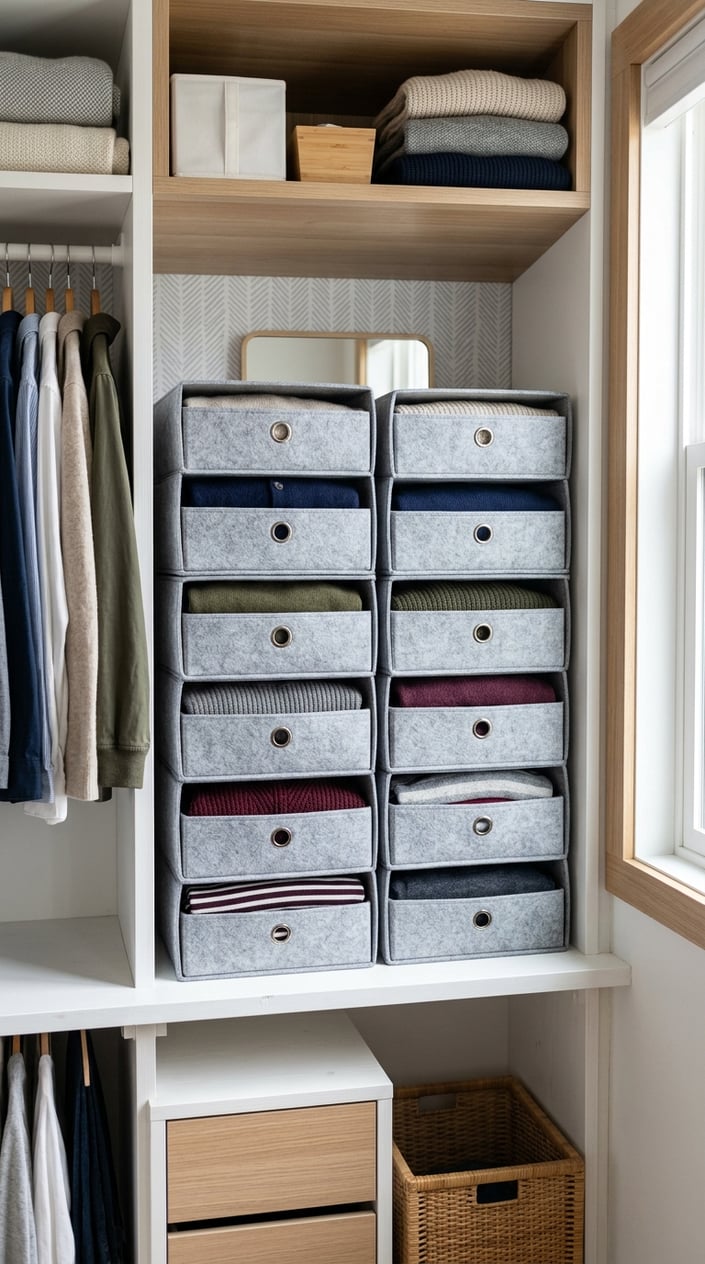 Six-drawer felt organizers filled with folded sweaters arranged neatly inside a bright closet.