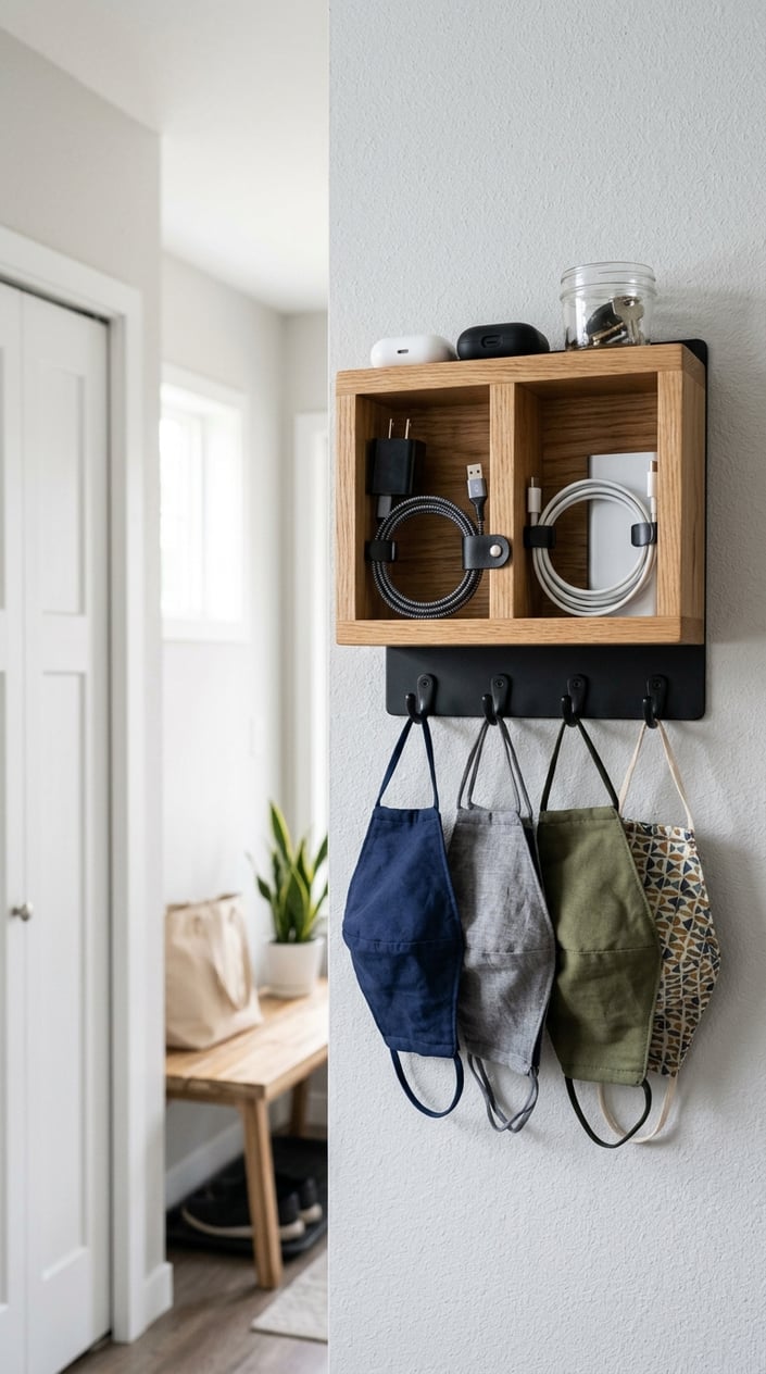 Wall-mounted organizer holding face masks and chargers in a tidy entryway or closet area.