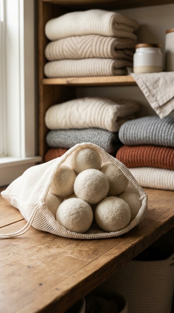 Wool dryer balls inside a white mesh laundry bag placed near folded knit sweaters on wooden shelves in a tidy laundry area.