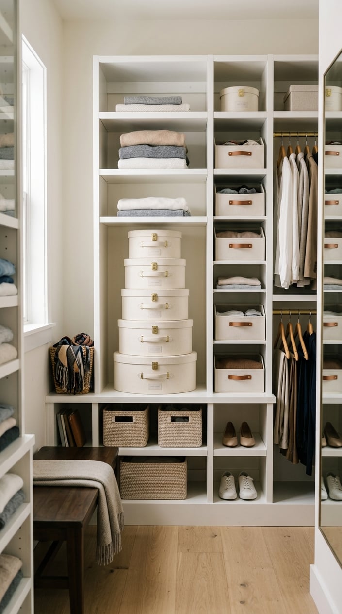 A neatly organized closet with stacked round hat boxes on shelves, folded clothes, and hanging garments.