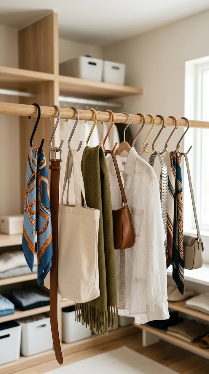 Various sizes of S-hooks hanging on a closet rod holding scarves, belts, and bags in a tidy closet.