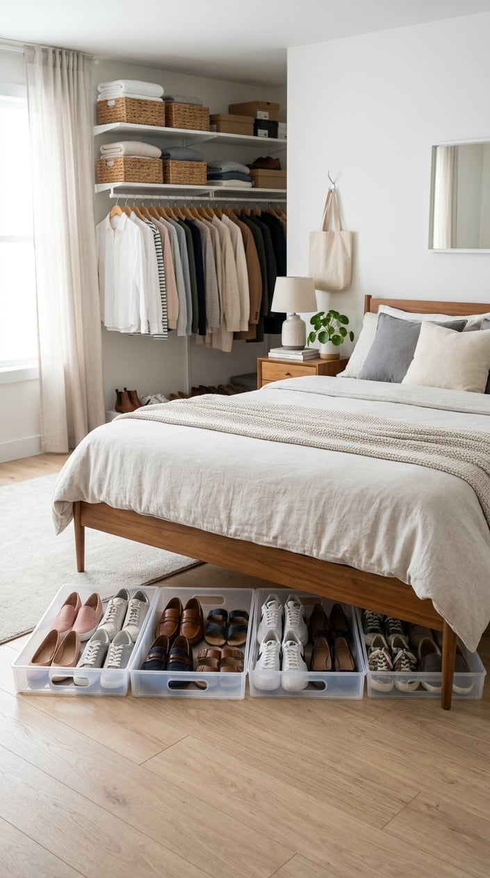 A tidy bedroom showing slim shoe trays neatly organized under a raised bed, with shoes stored inside and a clean closet area visible in the background.