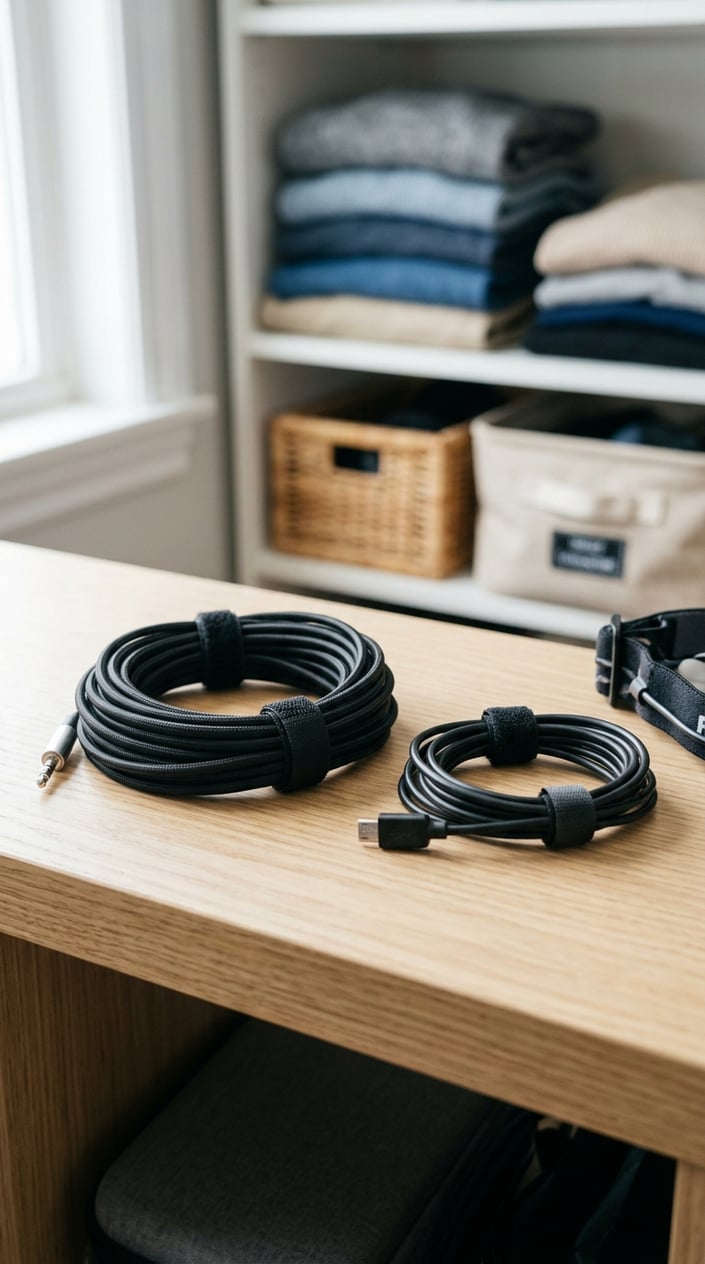 Close-up of headphones and headlamp cables neatly coiled and secured with hook-and-loop cable ties on a wooden surface, with a blurred organized closet in the background.