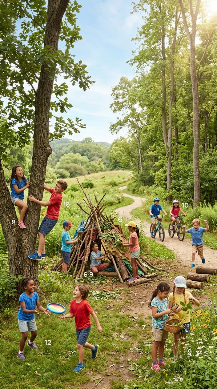 28 Outdoor Activities for Kids That Aren't Just the Same Backyard Four Times 1 Children engaged in various outdoor activities like climbing trees, playing frisbee, exploring nature, and riding bikes in a green park.