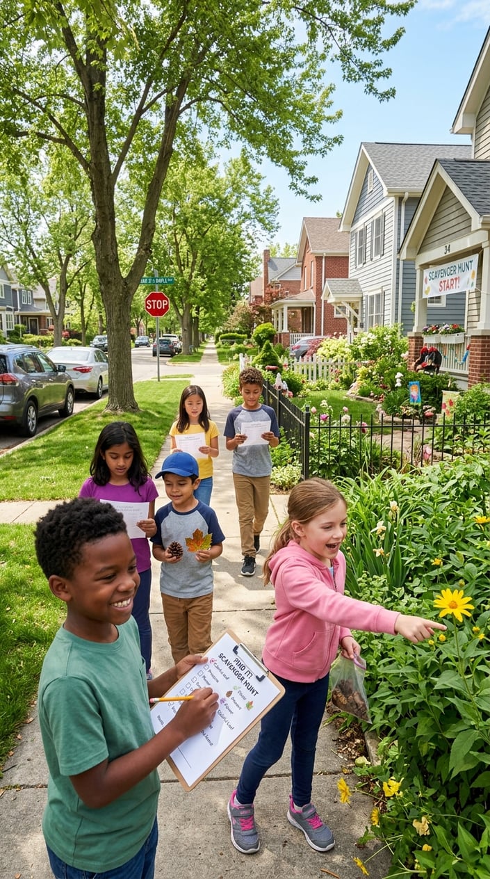 28 Outdoor Activities for Kids That Aren't Just the Same Backyard Four Times 2 Children exploring a neighborhood street on a scavenger hunt, holding clipboards and searching for items outdoors.