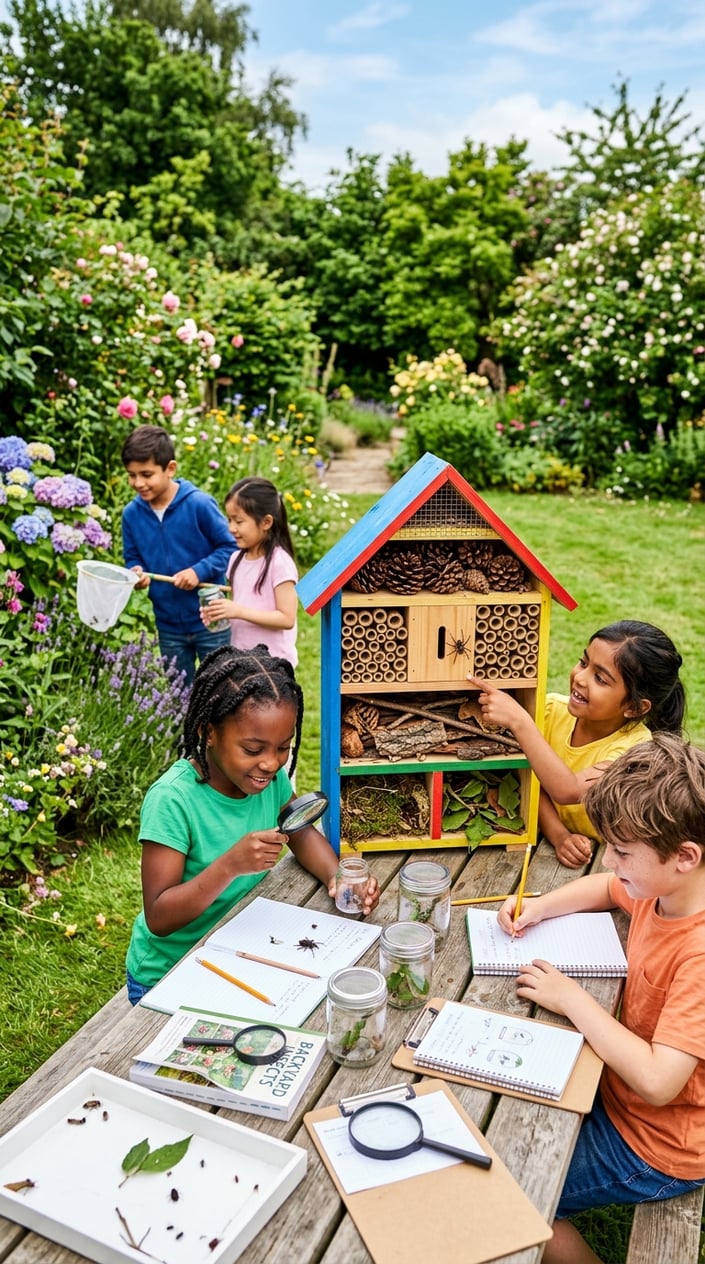 28 Outdoor Activities for Kids That Aren't Just the Same Backyard Four Times 3 Children exploring a backyard bug hotel and observation station surrounded by plants and trees.