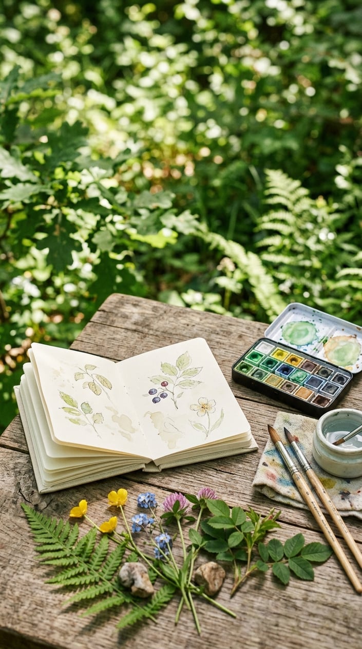28 Outdoor Activities for Kids That Aren't Just the Same Backyard Four Times 4 A tiny open sketchbook with watercolor paints and brushes on a wooden surface outdoors surrounded by green leaves and wildflowers.
