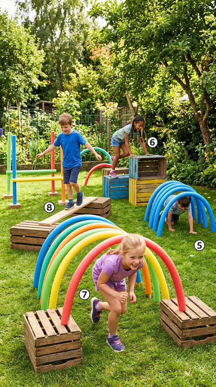 28 Outdoor Activities for Kids That Aren't Just the Same Backyard Four Times 5 Children playing on a colorful outdoor obstacle course made from pool noodles and wooden crates in a sunny backyard.