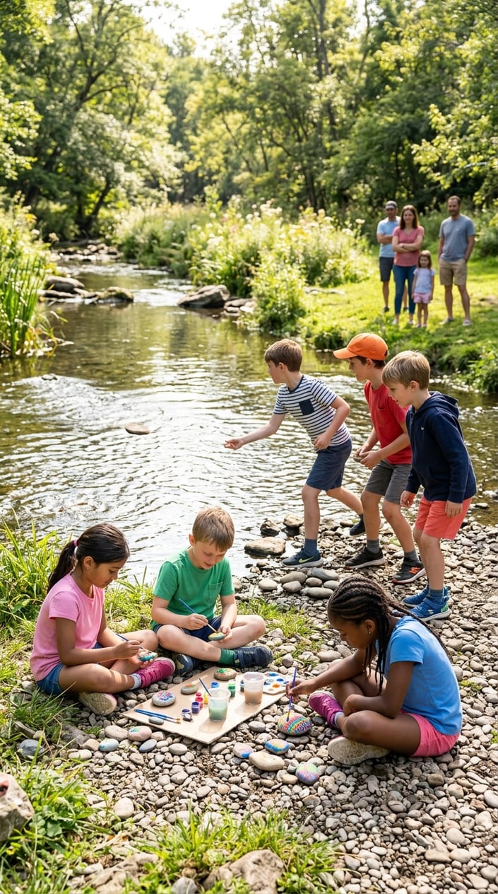 28 Outdoor Activities for Kids That Aren't Just the Same Backyard Four Times 6 Children painting pebbles and skipping stones by a clear creek surrounded by trees and grass on a sunny day.