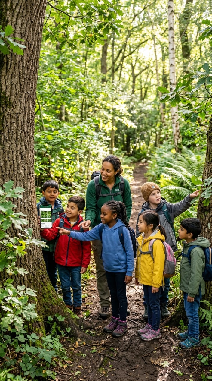 28 Outdoor Activities for Kids That Aren't Just the Same Backyard Four Times 7 Children and an adult using a smartphone app to identify trees during a walk in a forest.