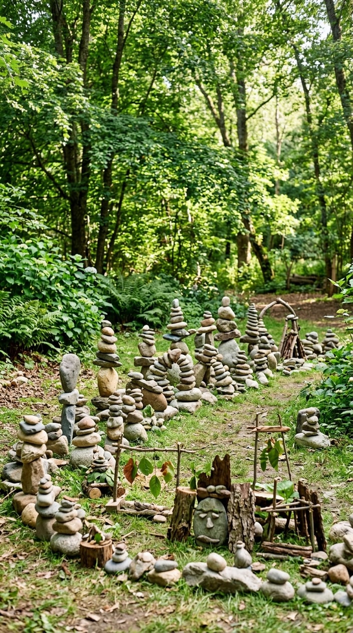 28 Outdoor Activities for Kids That Aren't Just the Same Backyard Four Times 8 A peaceful outdoor garden with balanced stacks of rocks and temporary sculptures made from natural materials among grass and trees.