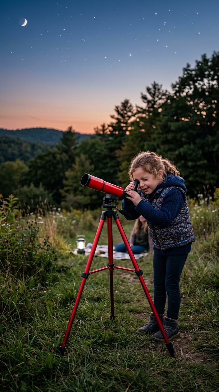 28 Outdoor Activities for Kids That Aren't Just the Same Backyard Four Times 9 A child outdoors at dusk looking through a red kiddie telescope surrounded by grass and trees under a starry sky.