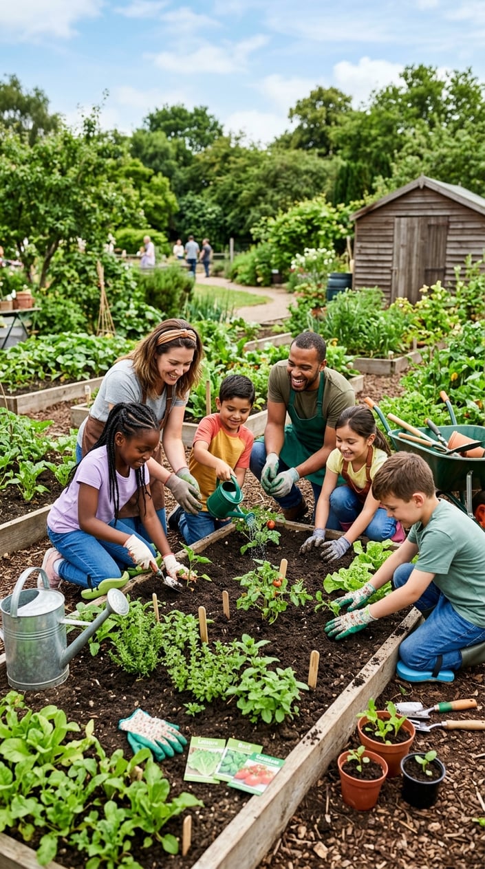 28 Outdoor Activities for Kids That Aren't Just the Same Backyard Four Times 10 Children and adults planting and caring for plants in a community garden on a sunny day.