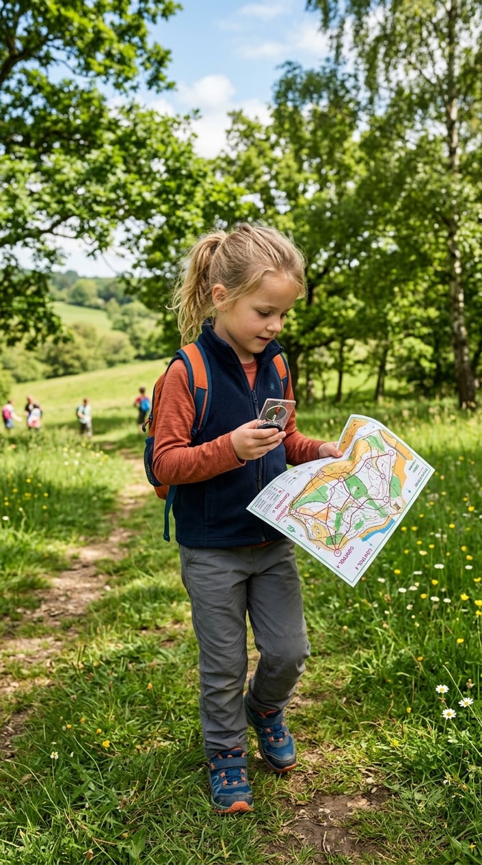 28 Outdoor Activities for Kids That Aren't Just the Same Backyard Four Times 11 A child outdoors holding a compass and map, standing in a grassy field surrounded by trees.