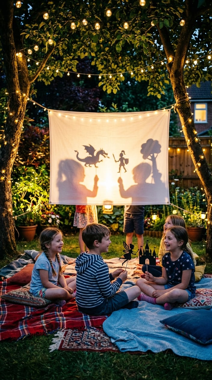 28 Outdoor Activities for Kids That Aren't Just the Same Backyard Four Times 12 Children playing with homemade shadow puppets in a backyard at night, illuminated by string lights.