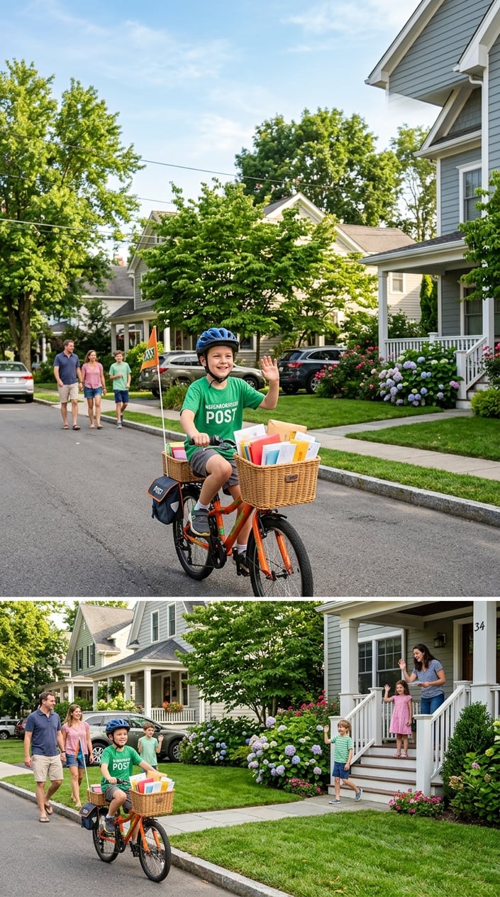 28 Outdoor Activities for Kids That Aren't Just the Same Backyard Four Times 13 A child on a bicycle delivering mail in a sunny neighborhood with houses and people nearby.