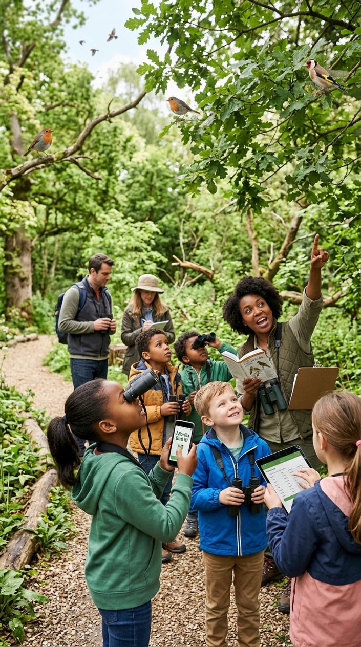 28 Outdoor Activities for Kids That Aren't Just the Same Backyard Four Times 14 Children and adults outdoors using binoculars and smartphones to identify birds during a group bird-watching activity.