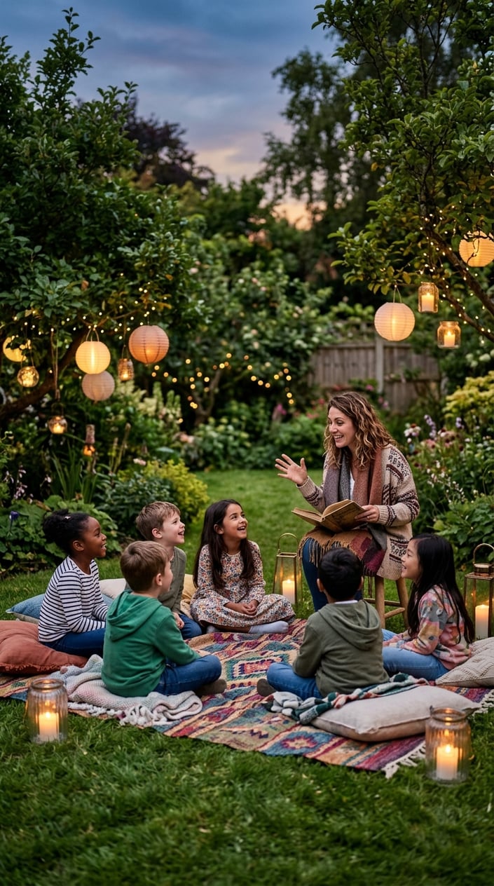 28 Outdoor Activities for Kids That Aren't Just the Same Backyard Four Times 15 Children sitting on a blanket outdoors in a circle surrounded by lanterns, listening to a storyteller in a backyard.