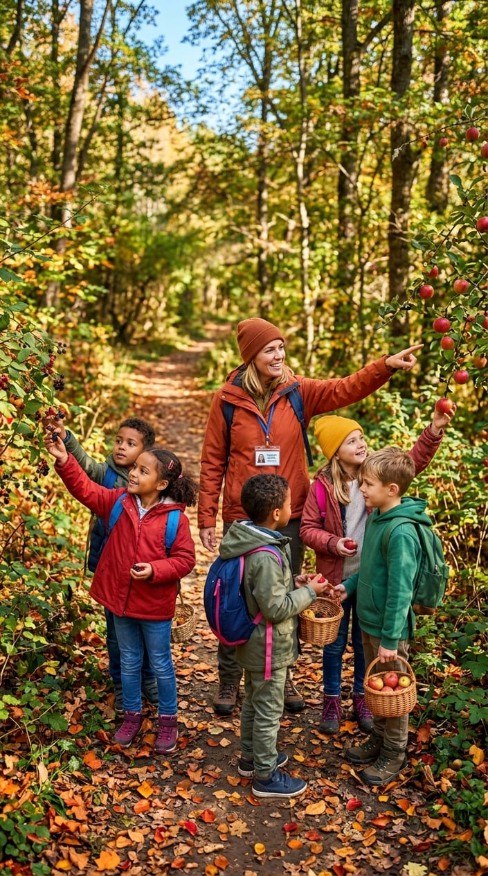 28 Outdoor Activities for Kids That Aren't Just the Same Backyard Four Times 16 Children on a guided walk in a forest picking seasonal fruits from trees and bushes.