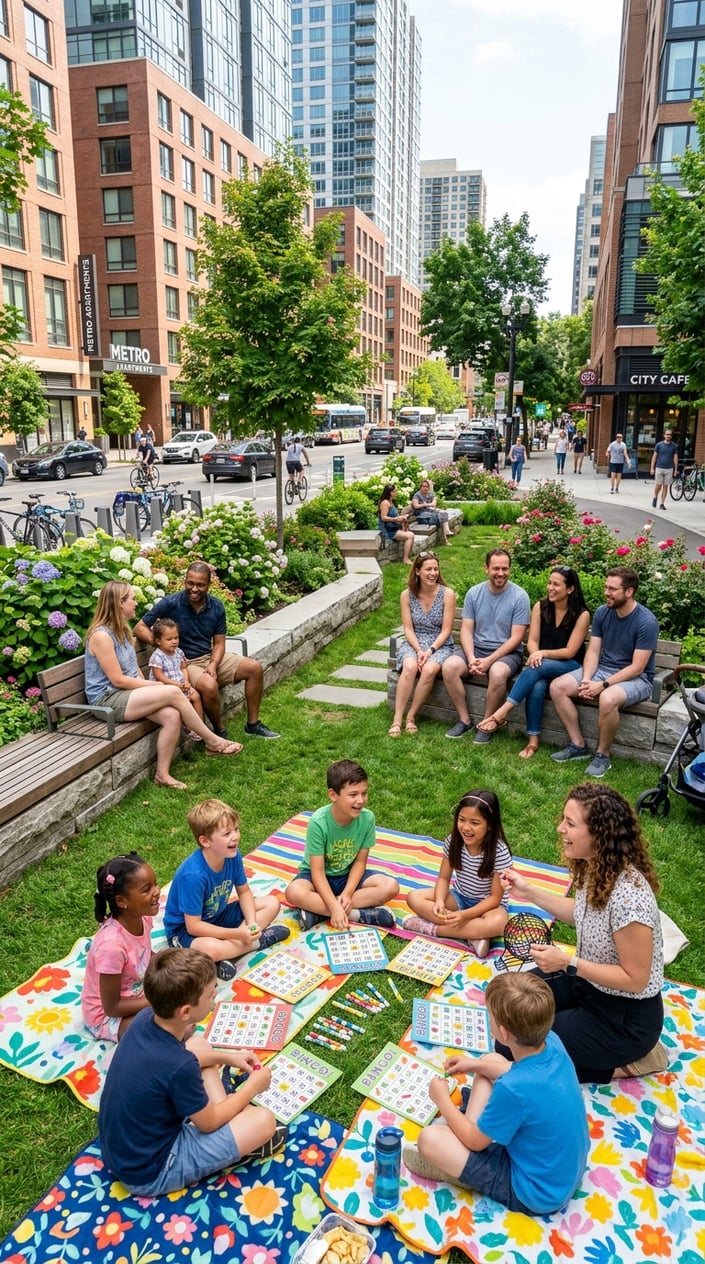 28 Outdoor Activities for Kids That Aren't Just the Same Backyard Four Times 17 Children playing bingo on picnic blankets in an urban parklet with adults watching nearby and city buildings in the background.
