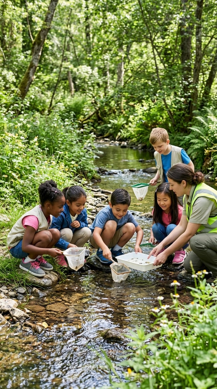 28 Outdoor Activities for Kids That Aren't Just the Same Backyard Four Times 18 Children collecting and examining aquatic specimens with nets and trays by a stream in a green outdoor setting.