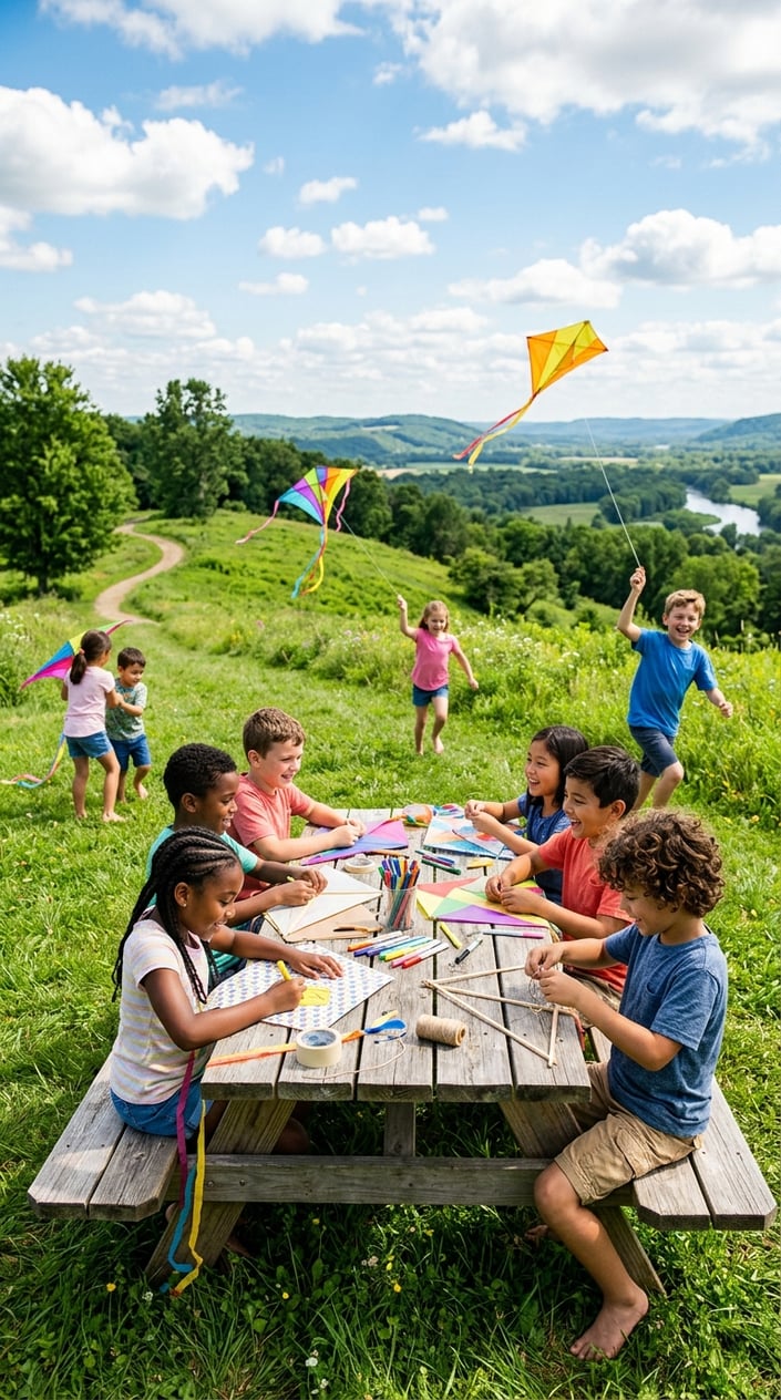 28 Outdoor Activities for Kids That Aren't Just the Same Backyard Four Times 19 Children making and flying colorful kites on a sunny hilltop with green grass and blue sky.