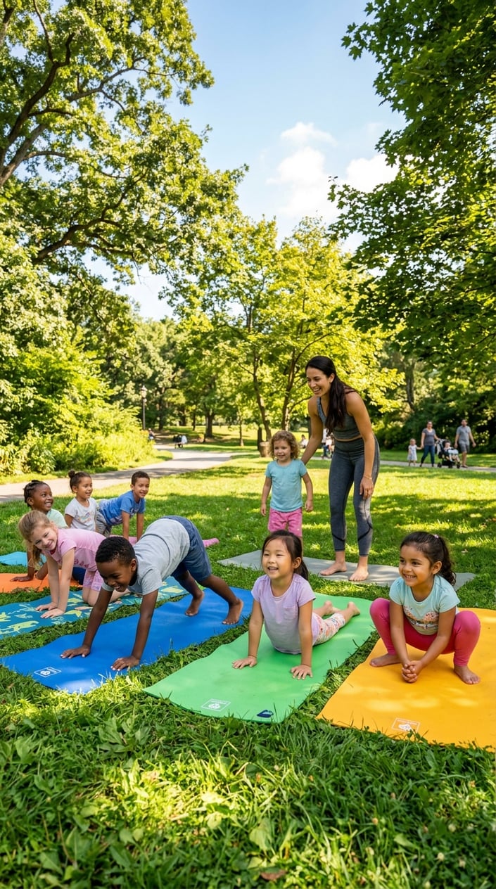 28 Outdoor Activities for Kids That Aren't Just the Same Backyard Four Times 20 Children practicing animal-inspired yoga poses outside on grass in a sunny park.