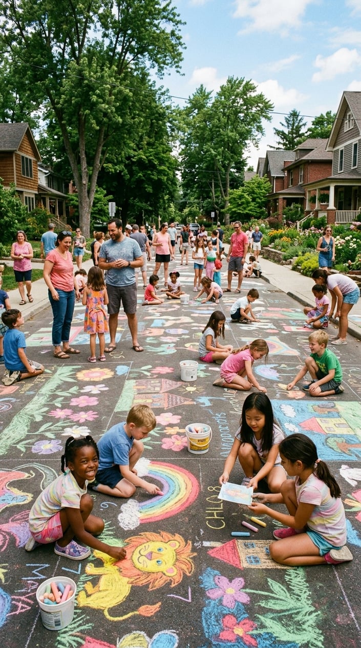 28 Outdoor Activities for Kids That Aren't Just the Same Backyard Four Times 21 Children and families drawing and exchanging colorful chalk murals on a sunny neighborhood street.