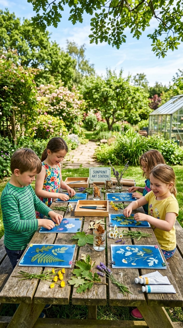 28 Outdoor Activities for Kids That Aren't Just the Same Backyard Four Times 22 Children outdoors creating sunprint art using leaves and flowers on paper at a wooden table surrounded by greenery.