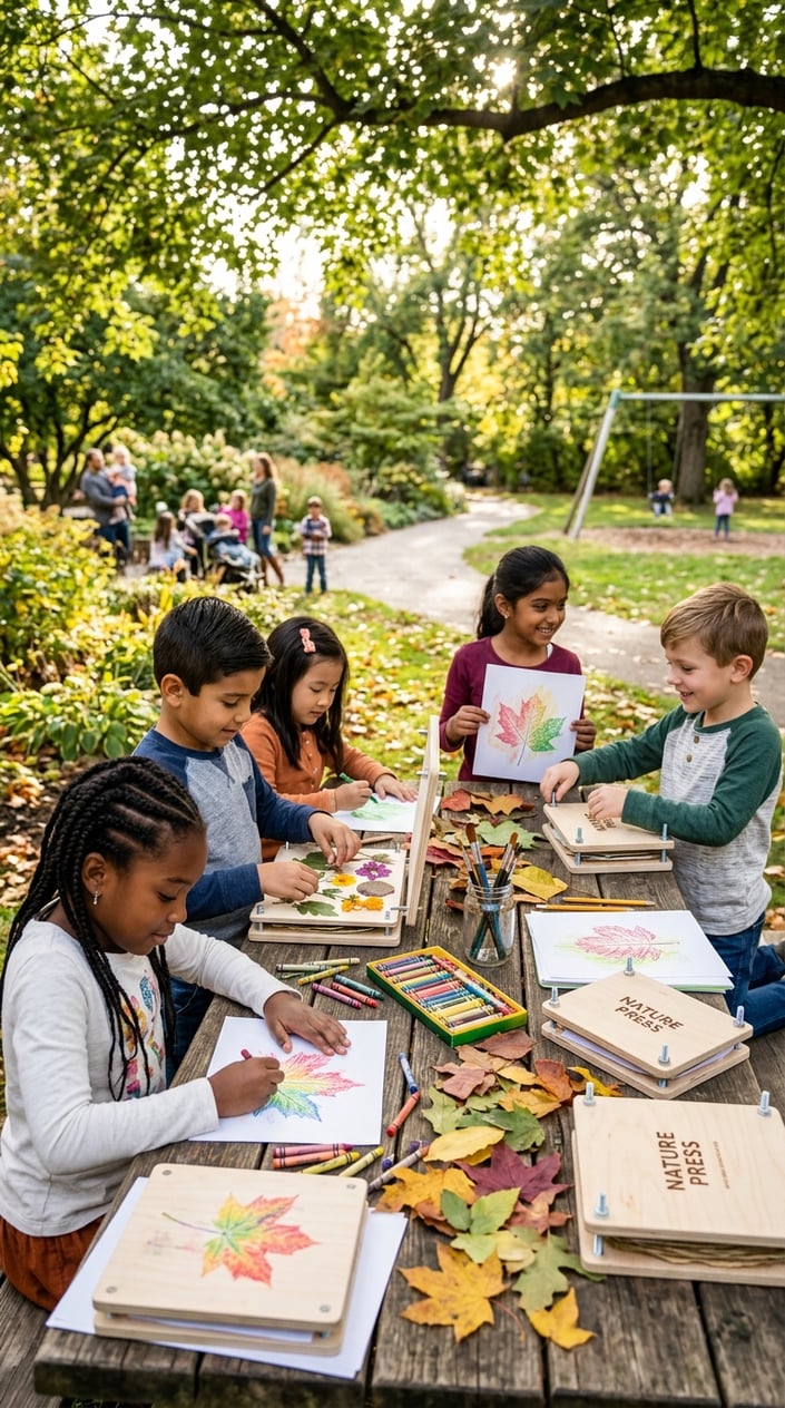 28 Outdoor Activities for Kids That Aren't Just the Same Backyard Four Times 23 Children outdoors making leaf rubbings and pressing plants at a wooden table surrounded by green trees and natural light.