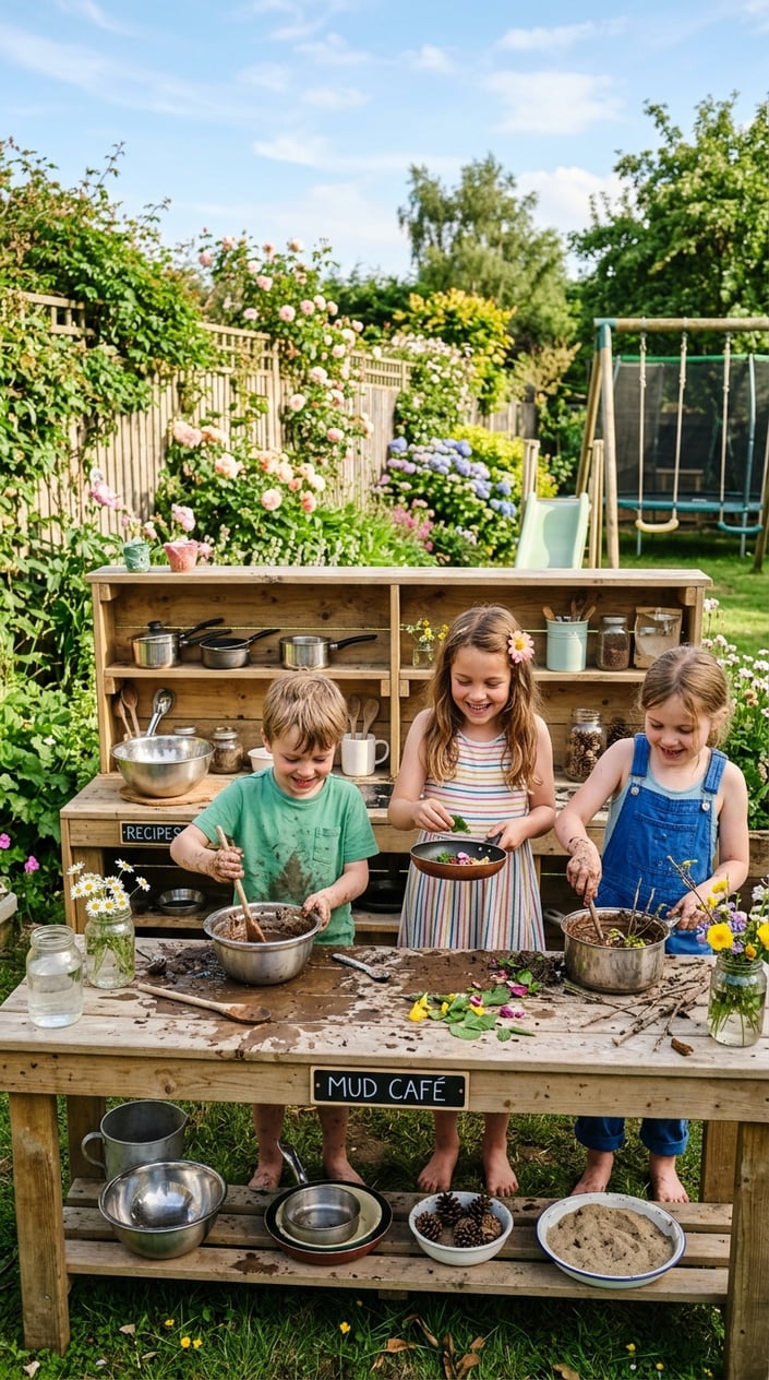 28 Outdoor Activities for Kids That Aren't Just the Same Backyard Four Times 24 Children playing and making mud recipes at a wooden mud kitchen in a sunny backyard garden.