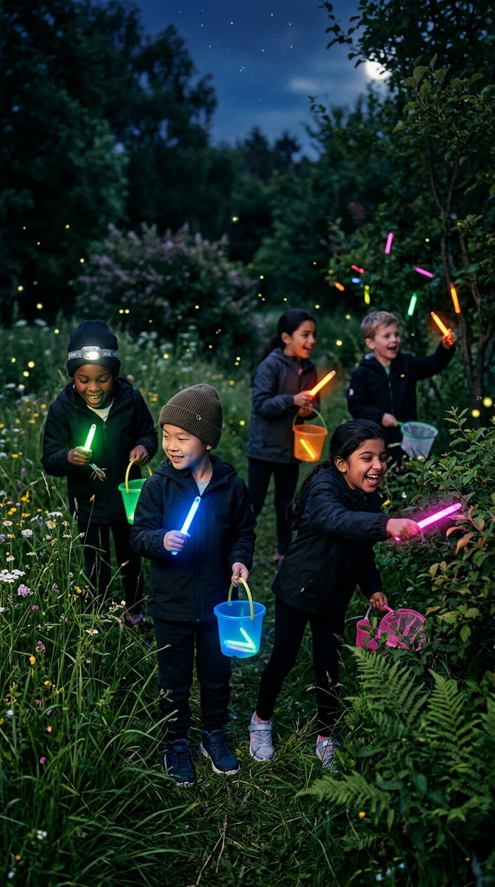 28 Outdoor Activities for Kids That Aren't Just the Same Backyard Four Times 25 Children searching for bugs outdoors at night using colorful glow-sticks in a grassy area.