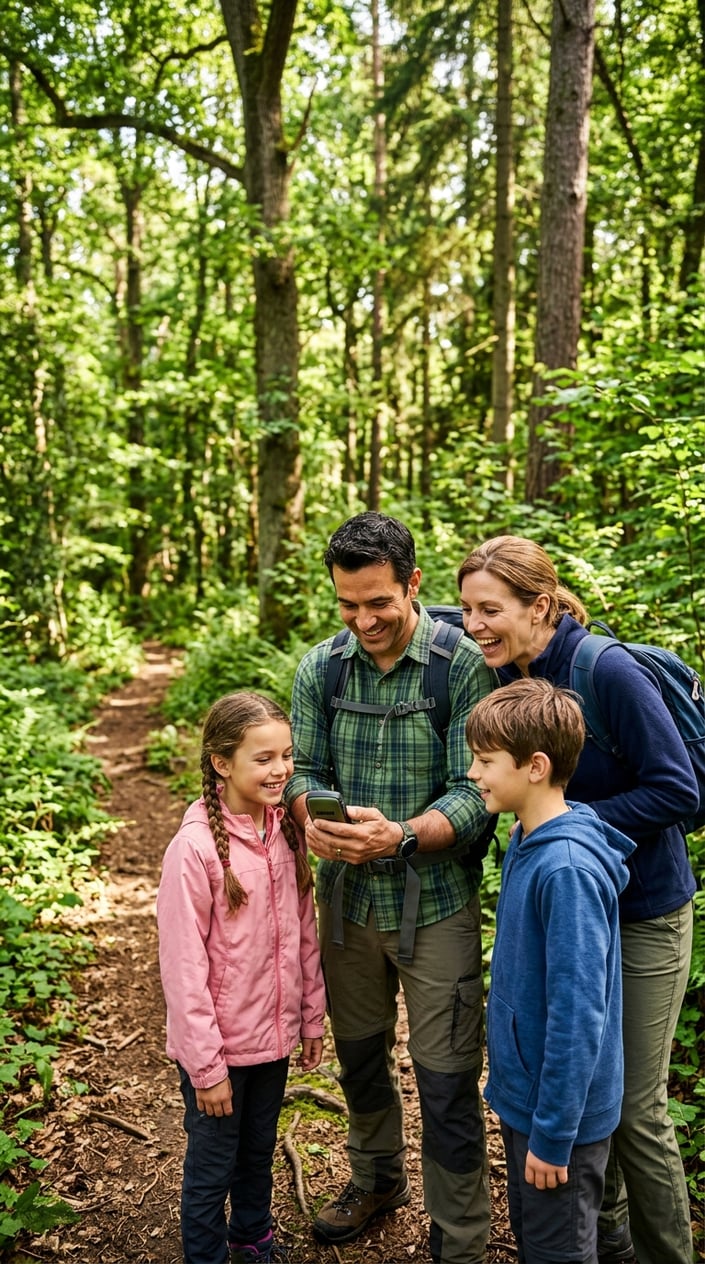 28 Outdoor Activities for Kids That Aren't Just the Same Backyard Four Times 26 A family of four using a handheld GPS device while standing on a forest trail during a geocaching adventure.