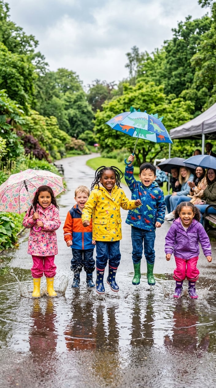 28 Outdoor Activities for Kids That Aren't Just the Same Backyard Four Times 27 Children wearing colorful raincoats and boots jumping and splashing in puddles outdoors on a rainy day.