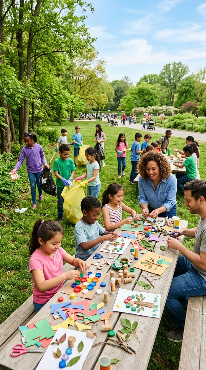 28 Outdoor Activities for Kids That Aren't Just the Same Backyard Four Times 28 Children and adults cleaning up a park and making crafts with reused materials on a sunny day.