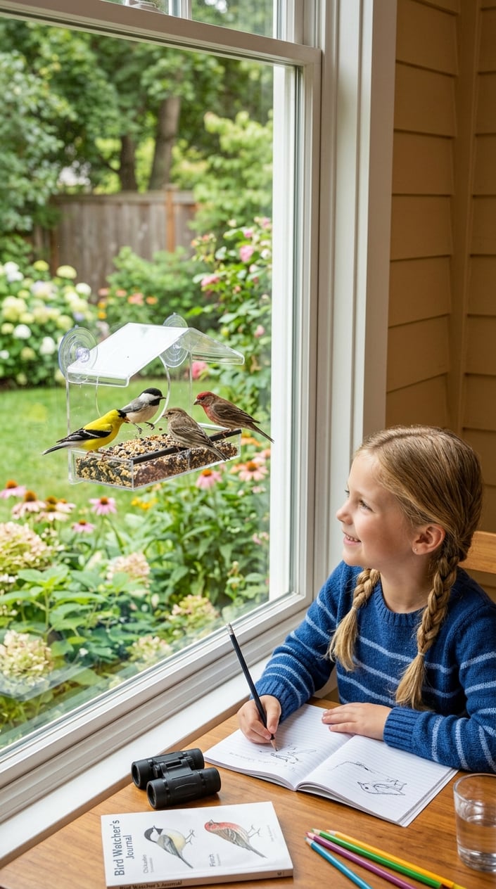 28 Outdoor Activities for Kids That Aren't Just the Same Backyard Four Times 29 A child inside a house watching colorful birds feeding at a window-mounted bird feeder attached outside the window.