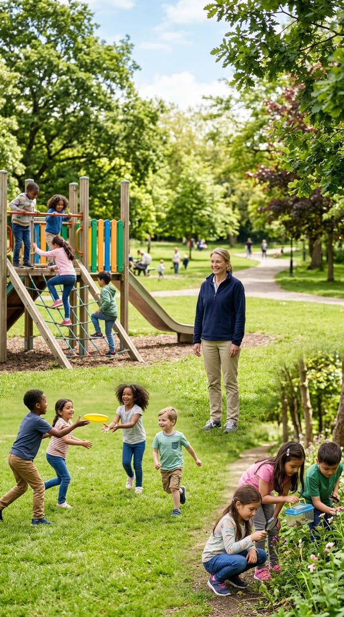 28 Outdoor Activities for Kids That Aren't Just the Same Backyard Four Times 30 An adult calmly watching children playing various outdoor games and exploring nature in a sunny park.