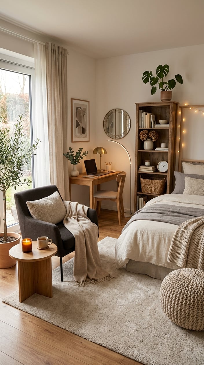 A cozy and inviting room with a comfortable armchair, bookshelf, plants, warm lighting, and a neatly made bed.
