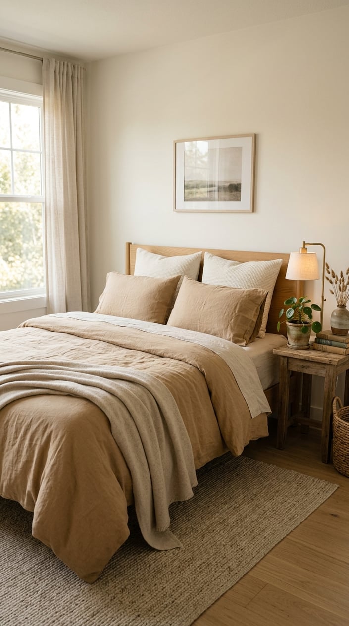 A neatly made bed with a warm sand-colored linen duvet cover in a cozy bedroom with neutral decor and soft natural light.