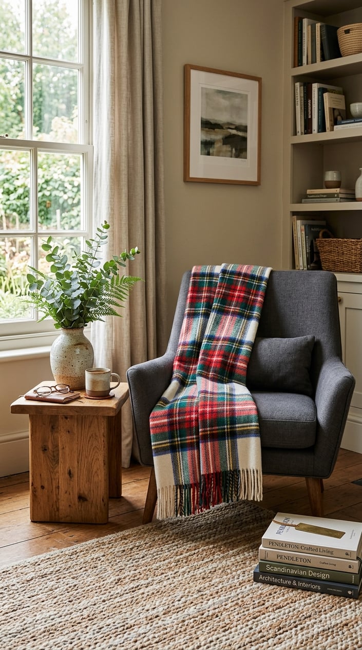 A cozy living room corner with a wool throw blanket on an armchair, a wooden side table with a vase of greenery, and a woven rug on the floor.