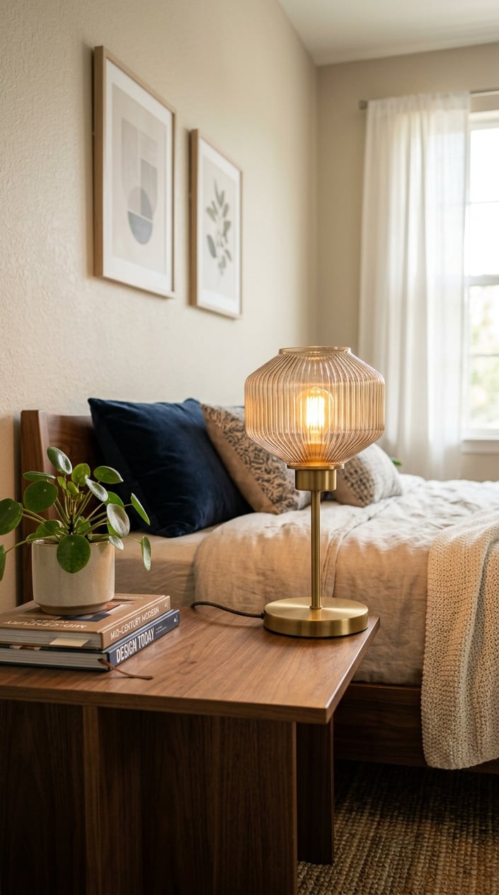 A bedside table with a glowing lamp, a small plant, and a book in a cozy bedroom setting.