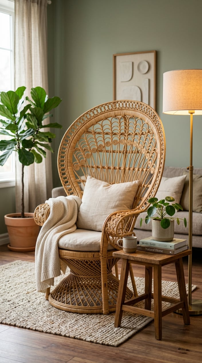 A rattan accent chair with a cushion in a cozy living room with a side table, plants, and warm lighting.