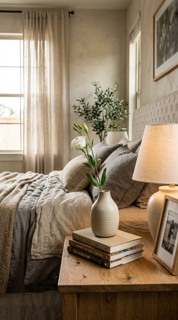 A ceramic bud vase on a wooden bedside table in a cozy bedroom with natural light and simple decor.