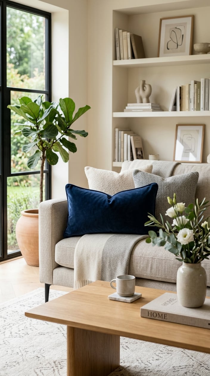 A velvet lumbar pillow on a sofa in a cozy living room with a wooden coffee table, flowers, and natural light.