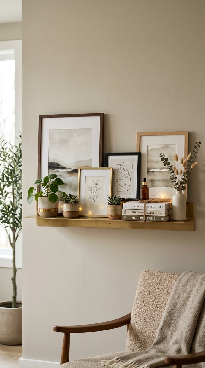 A brass picture ledge shelf on a wall holding framed art, plants, books, and decorative items in a cozy room.