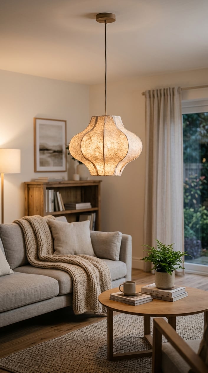 A cozy living room with a paper-pulp pendant light hanging from the ceiling, warm lighting, a sofa with a throw blanket, a small plant on a side table, and natural wood furniture.