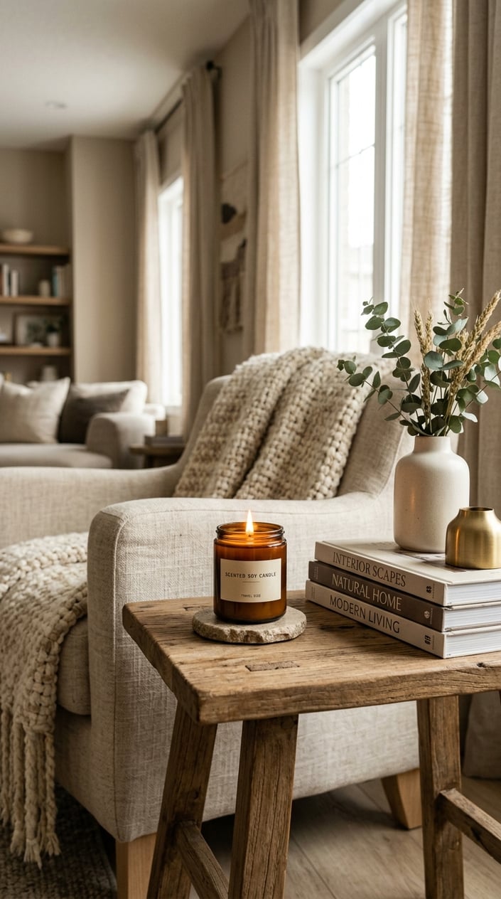 A lit scented soy candle on a wooden table surrounded by minimalistic decor in a cozy, softly lit living room.