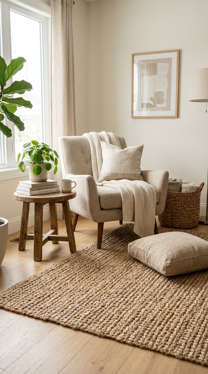 A cozy living room corner with a braided jute area rug, an armchair with a throw blanket, a side table with a plant and books, and soft natural lighting.
