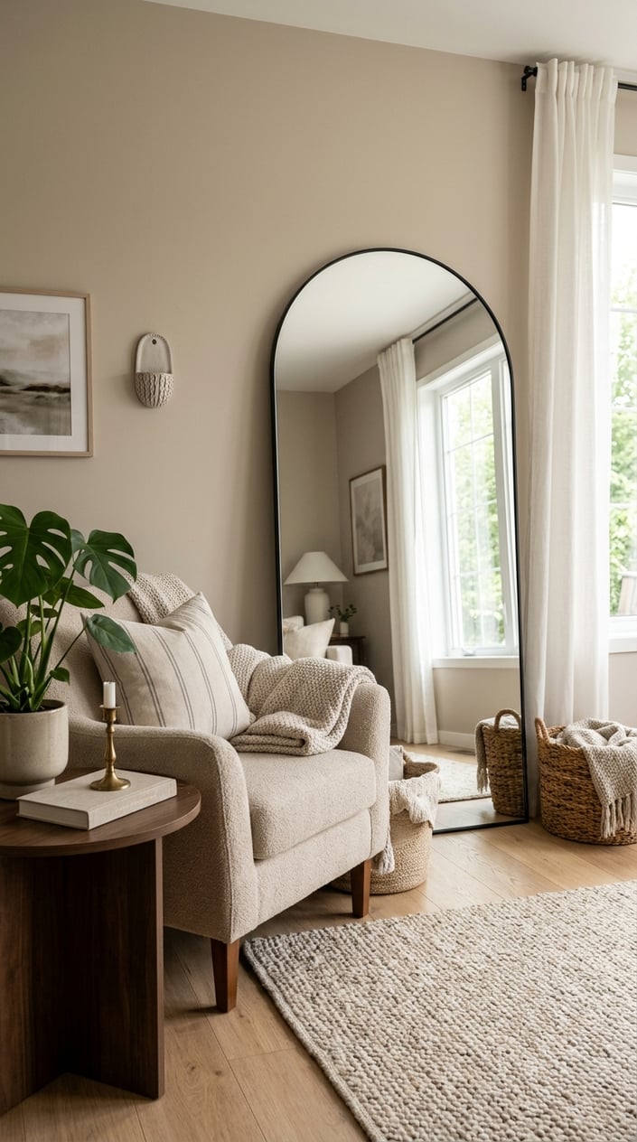 A cozy living room corner with an arched floor mirror with a thin black frame, a beige armchair, a small wooden side table with a plant, and a woven rug on a light hardwood floor.